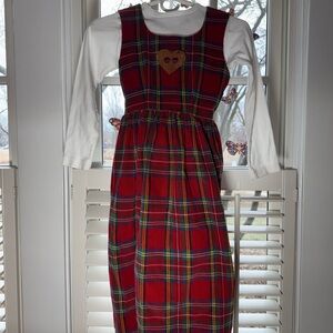 VintagePlaid corduroy Jumper Dress Heart Detail Adjustable Tie Bow at Waist